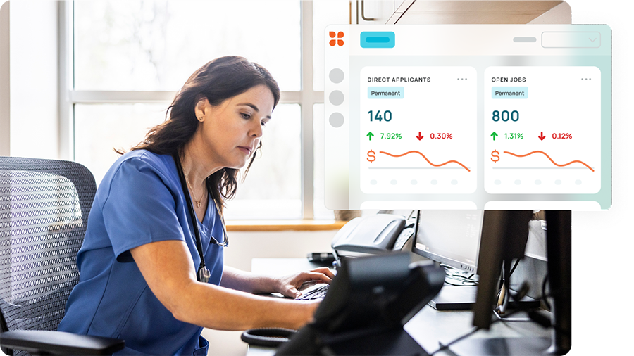 Female medical professional on her laptop using dashboard to post nurse jobs and hire nurses using CoreHire platform.