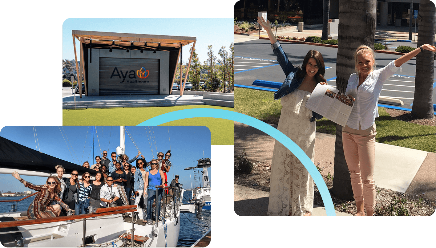 Image collage of people celebrating working at Aya