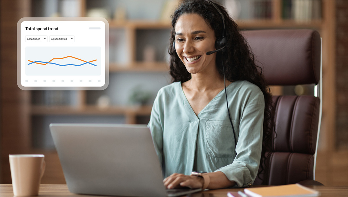 Woman with headset using laptop